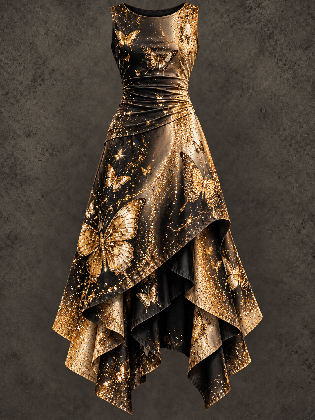 Retro Art Printed Vintage Sleeveless Irregularly Layered Stitched Midi Dress